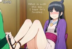 ace_attorney ai_assisted ai_generated ayasato_mayoi brown_hair clothed_female_nude_male cum cum_on_body cum_on_feet edit edited fake_smile female footjob footjob_with_footwear footjob_with_shoes gyakuten_saiban hair_bun hair_tie hairtie heart heart-shaped_pupils heart_eyes heart_symbol male maya_fey mayoi_ayasato me:yogurt_gurt:yo sandaljob sandals shoes_on smiling smiling_at_another socially_done_(artist) tagme text thought_bubble thoughts weirded_out
