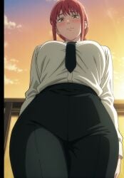 ai_generated big_ass big_breasts big_thighs blush chainsaw_man close-up clouds dressed female large_hips looking_at_viewer looking_down makima_(chainsaw_man) orange_eyes outside red_hair seductive sexy sky sunset view_from_below yashin