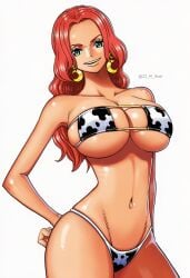 23_ai_illust ai_generated artist_name baccarat_(one_piece) big_ass big_breasts bikini breasts cow_bikini green_eyes hand_on_hip jewelry large_hips long_hair looking_at_viewer one_piece one_piece_film_gold red_hair seductive sexy
