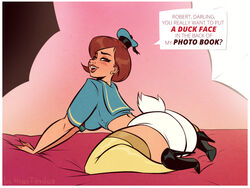 ass ass_focus bedroom_eyes big_ass black_heels blush bottom_heavy clothed cosplay curvy dat_ass disney donald_duck_(cosplay) female fluffy_tail heels helen_parr high_heels huge_ass huge_butt hugotendaz lingerie long_ass male_character_(cosplay) medium_hair midriff milf photoshoot pixar plump pose posing sailor_uniform short_hair short_sleeves signature smooth_skin solo teasing text the_incredibles thick_thighs thighhighs wide_hips