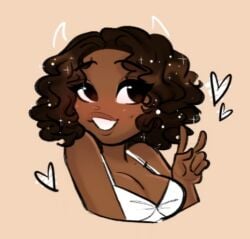 afro bikini blurry blurry_foreground breasts brown_hair cleavage curly_hair dark-skinned_female dark_skin depth_of_field female grin heart motion_blur short_hair smile solo sparkle swimsuit very_dark_skin wavy_hair white_bikini