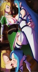 2girls asymmetrical_docking blonde_hair blue_eyes blue_hair blush bracelet breast_press breasts breasts_outside choker closed_eyes eye_contact french_kiss glasses jewelry kissing large_breasts long_hair lyria_(granblue_fantasy) multiple_girls nipples panties ponytail thighhighs tongue two-tone_hair underwear very_long_hair yuri