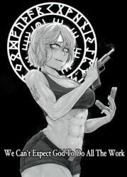 abs arm_tattoo bags_under_eyes bare_arms belt belt_buckle breasts buckle cleavage collarbone commentary cowboy_shot cross cross_necklace dark_background english_text female glowing glowing_eyes greyscale gun hair_between_eyes handgun highres holding holding_gun holding_weapon jewelry large_breasts latin_cross light-skinned_female light_skin magazine_(weapon) marichka monochrome muscles muscular muscular_female navel necklace original parted_lips runes sanpaku short_hair short_shorts shorts sideways_glance smoke solo sports_bra stomach tattoo teeth tonka_kryga upper_teeth_only weapon