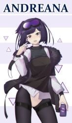 bangs black_legwear blue_eyes blush breasts cellphone character_name cowboy_shot eyewear_on_head female fur-trimmed_jacket fur-trimmed_sleeves fur_trim goggles goggles_on_head holding holding_phone jacket long_sleeves open_clothes open_jacket open_mouth pantyhose phone purple_hair smartphone smile solo sunglasses white_jacket