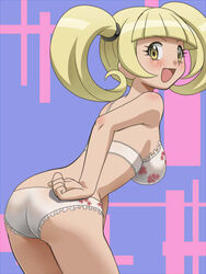 1girls ass awa back bare_shoulders bent_over big_breasts blonde_hair blush bra eyelashes female female_only furisode_girl_(pokemon) furisode_girl_karen furisode_girl_katherine human jpeg_artifacts legs_together long_hair looking_back matching_underwear nintendo npc_trainer open_mouth panties pokemon pokemon_xy purple_background smile standing tongue twintails white_bra white_panties yellow_eyes