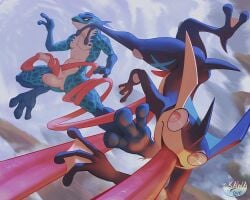 2_toes 3_toes action_pose amphibian anthro balls big_penis blue_body blue_skin drakawa duo erection feet fight frog generation_6_pokemon genitals greninja humanoid_genitalia humanoid_penis kick long_tongue male male/male membrane_(anatomy) midair nintendo oral penis poison_dart_frog pokemon pokemon_(species) pose ranno rivals_of_aether sex short_tail tail tapering_penis toes tongue tongue_out tonguejob webbed_feet
