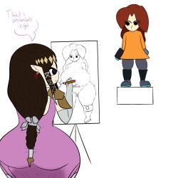 2girls breasts curvydoodles drawing female huge_breasts mii mii_gunner mii_gunner_(smash_4) oc self_insert sketching super_smash_bros. super_smash_bros._for_nintendo_3ds_and_wii_u thick thick_thighs