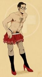 arm_hair artist_request chest_hair crossdressing crossdressing_male dilf fishnet_legwear fishnet_stockings fishnets glasses high_heels male masculine_crossdresser medic_(team_fortress_2) miniskirt older_male pubic_hair solo team_fortress_2 thong undressing