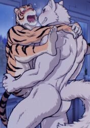 5_fingers 5_toes anal anal_sex anthro ass blush canid canine duo feet felid feline fingers hi_res humanoid_feet male male/male mammal maririn nude open_mouth penetration plantigrade soles toes