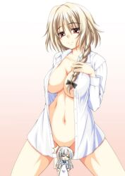 2girls bottomless bow braid breasts chibi chibi_inset dress_shirt female gradient izayoi_sakuya large_breasts long_hair multiple_girls naked_shirt navel no_bra open_clothes open_shirt shirt silver_hair smile twin_braids white_shirt