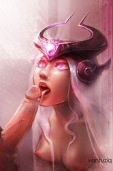 areolae breasts erection fellatio female league_of_legends male nipples open_mouth oral penis straight syndra tongue tongue_out vantuziq