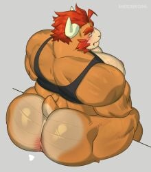 1boy 2025 2_horns absurd_res anthro anus ass big_butt big_muscles big_pecs black_clothing black_shirt black_tank_top black_topwear blush bottomless bottomless_anthro bottomless_male bowser clothed clothing english_description eyebrows facial_hair furry furry_male furry_only grey_background hair hi_res horn koopa looking_back male male_only mario_(series) meejikom mouth_closed muscles muscular muscular_anthro muscular_arms muscular_legs nintendo orange_body orange_scales pecs rear_view red_eyebrows red_facial_hair red_hair reptile scales scalie shirt simple_background sitting small_tail solo tail tank_top topwear