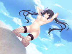 1girls armpits belly black_hair breasts cait female_only fishnets long_hair looking_at_viewer naked navel neptunia_(series) nipples noire outdoors pussy red_eyes thighhighs thin_waist twintails uncensored