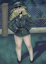 1female 1girls 20th_century after_sex belt black_belt black_eyes black_gloves black_latex black_latex_gloves blonde_female blonde_hair blonde_hair_female cap durand_(the_long_long_holiday) enemy female female_focus female_only french french_female gloves heels high_heels hips latex latex_gloves looking_away medium_breasts medium_hair messy messy_hair military military_hat military_uniform nazi nazi_uniform not_porn rapetard rule_63 s0d0my_s1n smile smiley_face smiling soldier_uniform straight straight_hair the_long_long_holiday thighs thin_waist uniform uniform_female waist wehrmacht wide_hips world_war_2 ww2 yellow_hair