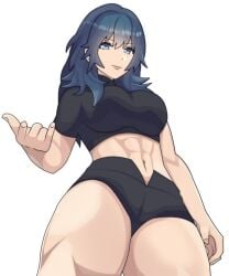 abs big_breasts big_thighs blue_eyes blue_hair breasts byleth_(fire_emblem) byleth_(fire_emblem)_(female) female fire_emblem fire_emblem:_three_houses know_your_place long_hair looking_at_viewer midriff navel short_shorts shorts smile solo sports_bra sportswear thick_thighs thighs toned toned_abs toned_female