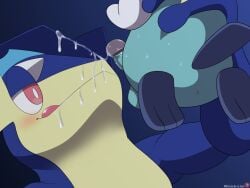 2025 absurd_res amphibian balls cum cum_on_face frog generation_5_pokemon generation_6_pokemon greninja hi_res nintendo oshawott otter penis pokemon pokemon_(species) sea_otter winick-lim