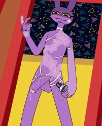 aaron_amethyst absurd_res anthro balls bracelet clothing crossdressing_male genitals glitch_productions hi_res inviting jax_(tadc) jewelry lagomorph leporid lube male mammal penis rabbit solo sticker the_amazing_digital_circus translucent translucent_clothing vein veiny_penis