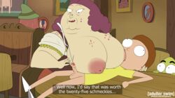 1girls big_boobed_waitress blargsnarf breast_sucking chubby_female cum cum_on_hand cumshot ejaculation fake_breasts fat fat_woman female handjob large_breasts male mature_female missing_teeth morty_smith multiple_boys nursing_handjob older_female public_nudity rick_and_morty ugly_female waitress