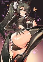 baobao771100 black_leotard blush boots breasts closed_mouth clothing_aside commentary_request ear_ornament ear_through_crown female green_eyes green_hair green_tail hair_ornament hand_on_own_thigh high_heel_boots high_heels leg_up leotard leotard_aside long_hair looking_at_viewer medium_breasts no_mask pussy satono_crown_(umamusume) side_ponytail smile solo thigh_boots thighs umamusume v-shaped_eyebrows very_long_hair zipper_pull_tab