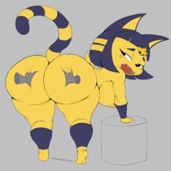 2018 animal_crossing ankha ass ass_grab big_ass black_eyes blue_hair breasts disembodied_hands furry looking_at_ass looking_at_butt looking_at_self naked nintendo nipples open_mouth purple_yoshi_draws shortstack squeezing standing tail thick_thighs thighs yellow_fur