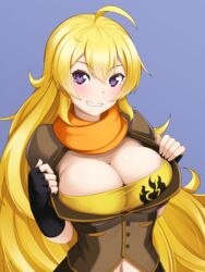 1girls alfort_(may0508) belly big_breasts black_gloves black_jacket black_shorts blonde_hair blue_background blush breasts cleavage clothed clothes eyelashes female female_only fingerless_gloves gloves hair_between_eyes highres jacket large_breasts long_hair looking_at_viewer midriff navel open orange_scarf purple_eyes rwby scarf simple_background smile solo standing thin_waist upper_body very_long_hair yang_xiao_long