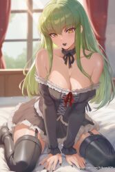 ai_generated bare_shoulders black_choker black_dress black_footwear black_lips black_nails black_thighhighs blush boots breasts c.c. choker cleavage code_geass collarbone dress female frilled_dress frills garter_straps goth_fashion gothic_lolita green_hair hikari406 indoors large_breasts long_hair long_sleeves looking_at_viewer nail_polish off-shoulder_dress off_shoulder parted_lips ribbon sitting solo thigh_boots thighhighs uncensored wariza web_address window yellow_eyes