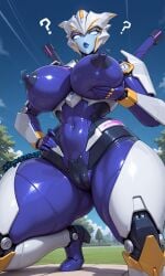 1robot 1robot_girl ai_generated airachnid airachnid_(trawert) blue_eyes female giantess looking_at_viewer low-angle_view nipples no_bra robot_girl roger1011 shattered_glass thick_thighs thighs transformers transformers_prime watermark