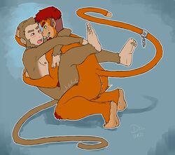 anal anthro anthro_on_anthro beard blush brown_eyes brown_fur delicatessen duo eye_contact facial_hair freckles fur green_eyes hair hug kneeling male mammal monkey monkey_(wanderer-of-time) nipples noke open_mouth orange_fur primate red_hair sex yaoi