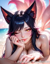 ahe_gao ai_generated amber aroused beach blue_sky breasts bright brown build cheekbones clitoral_stimulation clitoris close_up coast completely_nude dark dripping ear explicit eyebrows eyelashes eyes face fair features female female_masturbation female_orgasm finger_in_pussy finger_insertion fingering fox full g_spot graceful heart-shaped high horizon large_breasts legs_spread lips long lying lying_on_back masturbation multi_finger multiple naked nipples nose nude ocean on_back opening orgasm outdoor outdoors outside palm_tree paradise pleasure pussy pussy_juice relaxing sand sea seascape shore skin slender small spread_legs spread_pussy spreading squirting summer sunny tails thin tropical uncensored vacation water waves wet