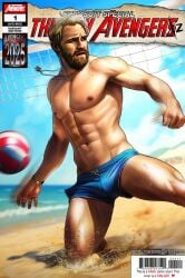 beach beach_volleyball beard blonde_hair blonde_hair_male bulge clothed clothed_male gay john_walker male_only marvel marvel_cinematic_universe muscular muscular_male necklace new_avengers petite_madame solo_male sweat sweatdrops sweating swimsuit thunderbolts thunderbolts* us_agent wyatt_russell yaoi