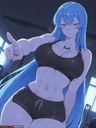 2025 abs ai_assisted ai_generated akame_ga_kill! anime anime_girl anime_style artist_name bangs bare_shoulders black_shorts blue_eyes blue_hair blush breasts cleavage collarbone esdeath esdeath_(akame_ga_kill!) female hi_res high_quality high_res high_resolution highres indoors large_breasts long_hair looking_at_viewer midriff navel parted_lips patreon patreon_username pointing rinkoai short_shorts shorts solo sports_bra sweat tattoo thighs uncensored very_long_hair watermark