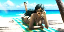 3d 3d_(artwork) adjusting_eyewear adjusting_glasses beach bikini blackknight23 disney dripping female female_only green_eyes green_hair kim_possible large_breasts looking_over_eyewear looking_over_glasses pale_skin rainbow shego solo sunbathing sunglasses swimsuit tagme tinted_eyewear toes wet wet_clothes wet_hair