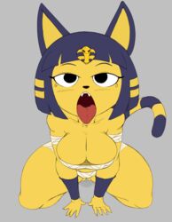 animal_crossing ankha bandages black_eyes blue_hair breasts claws cleavage ear eyelashes fangs front_view furry looking_at_viewer nintendo open_mouth purple_yoshi_draws sitting tail thick_thighs thighs tongue tongue_out viewed_from_above yellow_fur