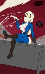 1girl ass_crease big_breasts caps charlie_morningstar_(hazbin_hotel) cum_on_breasts cum_on_face cumshot dialogue excessive_cum fallout hazbin_hotel nipples on_desk pip-boy redquill07 thick_thighs vault_suit vivienne_medrano vivziepop