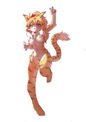 1girl 1girls 2023 5_fingers 5_toes absurd_res accessory alternate_version_at_source anthro blonde_hair blonde_hair_female breasts clenched_teeth cygames feet felid feline feline_ears feline_tail female female_only fingers fluffy fur furry furry_female genitals gesture green_eyes green_eyes_female grin hair hair_accessory hair_ribbon hand_gesture hi_res kemono lalamedli mammal medium_breasts mia_(world_flipper) naked naked_female nipples nude nude_female on_one_leg pantherine pawpads pussy ribbons running shaded smile snout sole_female solo standing striped_body striped_fur striped_hair stripes teeth tiger tiger_ears tiger_girl tiger_tail toes v_sign vulva world_flipper yellow_body yellow_fur