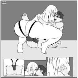 anal anal_training bishamon_(noragami) blonde_hair couple dildo femdom glasses jamesab kazuma_(noragami) kissing monochrome noragami pegging strap-on