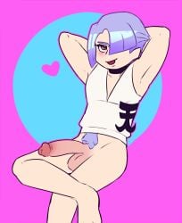 balls blue_hair bottomless cl0ckability dick digital_media_(artwork) feminine_male heart male male_only panty_&_stocking_with_garterbelt penis polyester_(psg) relaxed solo_male tongue_out