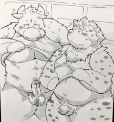 abs animal_ear_fluff bara blush fat flying_sweatdrops large_pectorals male monochrome muscular muscular_male nipples non-human non-human_only overweight pectorals short_hair solo yaoi