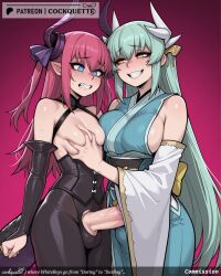 2futas 2girls ai_generated aqua_hair balls bare_shoulders black_legwear blue_eyes blush breast_grab breast_press breasts clenched_teeth cockquette curled_horns detached_sleeves dragon_girl dragon_horns dragon_tail elizabeth_bathory_(fate) elizabeth_bathory_(fate/extra_ccc) erection erection_under_clothes evil_smile female fujimaru_ritsuka_(male) futanari futasub grabbing gradient gradient_background green_hair grin hair_between_eyes hair_ribbon horns intersex japanese_clothes kimono kiyohime_(fate) large_breasts large_penis long_hair male multi_horn multiple_girls obi penis pink_hair pointy_ears purple_background red_background ribbon sash smile sweat symbol-shaped_pupils tagme tail teeth testicles two_side_up yellow_eyes