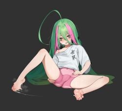 absurdres ahoge barefoot beeeeen cum cum_on_body cum_on_feet feet full_body green_eyes green_hair hair_between_eyes highres ireina_(last_origin) knee_up last_origin legs long_hair looking_at_viewer multicolored_hair open_mouth pink_hair shirt simple_background sitting smile streaked_hair toes very_long_hair white_shirt