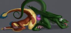 2018 all_fours anal anal_sex anthro anthro_on_anthro arimah ass_up breasts caedere claws dildo dinosaur double_dildo double_penetration dragon duo feathers featureless_breasts female grey_background half-closed_eyes interspecies krra looking_pleasured membranous_wings penetration pussy_juice raised_tail sex_toy simple_background tail_tuft theropod toe_claws tongue tongue_out tuft two_tone_body utahraptor vaginal_penetration wings yuri