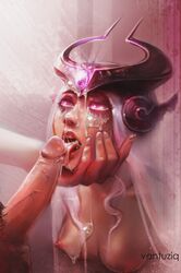 areolae breasts cum cum_on_face erection facial fellatio female league_of_legends male nipples open_mouth oral penis straight syndra tongue tongue_out vantuziq