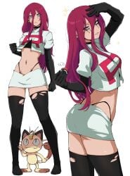 1girls absurdres arm_up black_gloves black_thighhighs blue_eyes commentary crop_top earrings elbow_gloves female frown gen_1_pokemon gloves hair_between_eyes hair_down highres holding holding_poke_ball jessie_(pokemon) jewelry kekel long_hair makeup meowth multiple_views nintendo panty_straps parted_lips poke_ball poke_ball_(basic) pokemon pokemon_(anime) pokemon_(classic_anime) pokemon_(creature) red_lips runny_makeup simple_background skindentation skirt sparkling_eyes sphere_earrings team_rocket team_rocket_uniform thighhighs thighs torn_clothes torn_thighhighs white_background white_skirt