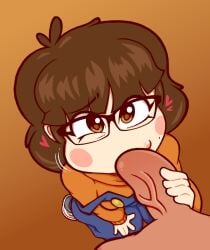 1boy 1girls 4chan bizabizow blowjob brown_hair drawfag female female_focus glasses male penis request unseen_male_face youtuber
