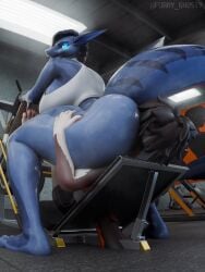 aak_(arknights) anthro arknights ass bedroom_eyes big_breasts big_butt big_dom_small_sub blue_eyes breasts butt_grab domestic_cat dominant dominant_female duo facesitting felid feline felis female female_anthro fish fluid-body furry_ghosty gym hand_on_butt hi_res hip_grab hypergryph interspecies male male/female male_anthro mammal marine narrowed_eyes sara_(furrygarry) seductive shark sitting_on_another size_difference smaller_male studio_montagne tail teeth