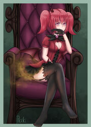 1girls blush boob_window chair clothed couch crossed_legs demon_girl demon_horns demon_wings fart fart_fetish farting feet female fetish horns lilianne_(raki991) pink_eyes pink_hair pixiv raki991 seat seated sitting skirt smile smiling smirk sofa solo stockings succubus succubus_horns throne