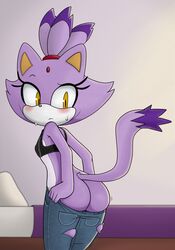 1girls 2018 anthro ass bed big_ass big_butt blaze_the_cat blush cat clothed clothing colored dipstick_tail eyelashes feline female fur furry furry_only hearlesssoul highres inside jeans looking_back mammal multicolored_fur multicolored_tail purple_fur sega signature slit_pupils solo sonic_(series) standing sweat tail torn_clothing undressing white_fur yellow_eyes
