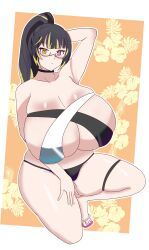arm_behind_head armpit bangs bikini black_hair black_pupils blush breasts criss_cross_top expressionless female gigantic_breasts glasses hand_on_thigh heterochromia kneeling magenta_eyes multicolored_hair on_one_knee ponytail sandals swimsuit thick_thighs white_pupils wide_hips yellow_eyes yellow_hair