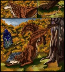 2024 animal_genitalia anthro artist_name black_nose black_sclera blue_body blue_eyes blue_fur brown_body brown_fur brown_tail canid canine dated duo fully_sheathed fur genitals hi_res male male_anthro mammal msdeadsoul open_mouth outside plant sheath side_view tail text trapped tree white_body white_eyes white_fur white_sheath