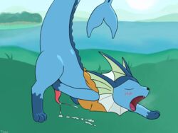 1boy all_fours alternate_color ass_up big_tail blue_fur blue_skin blush breath cape cel_shading closed_eyes clothing cum cum_on_ground cumshot day detailed_background digital_media_(artwork) eeveelution ejaculation erection fangs feet feral fins furry grass heavy_breathing hi_res huff lake male male_only masturbation mountain nintendo nude open_mouth orgasm orgasm_face original_character outdoors paws penis pokémon_(species) pokemon pokemon_rgby raised_tail reaching side_view solo stretching tapering_penis teeth text theleo_(weblure) thick_thighs tongue tree vaporeon video_games water watermark weblure yellow_skin